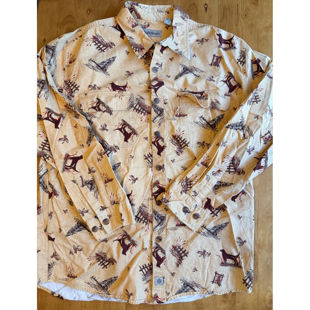 RuffHewn Mens Hunting Dog Duck Print Button Down Shirt Tan Cotton Large 603